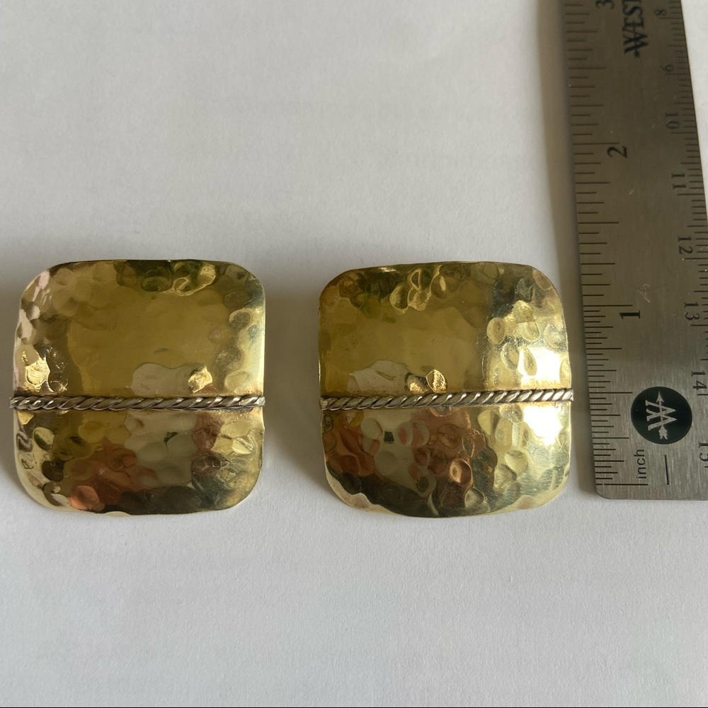 Brass and Sterling Hammered Post Earrings - Picture 3 of 3